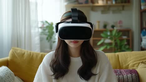 una mujer con un auricular de realidad virtual sentada en un sofá