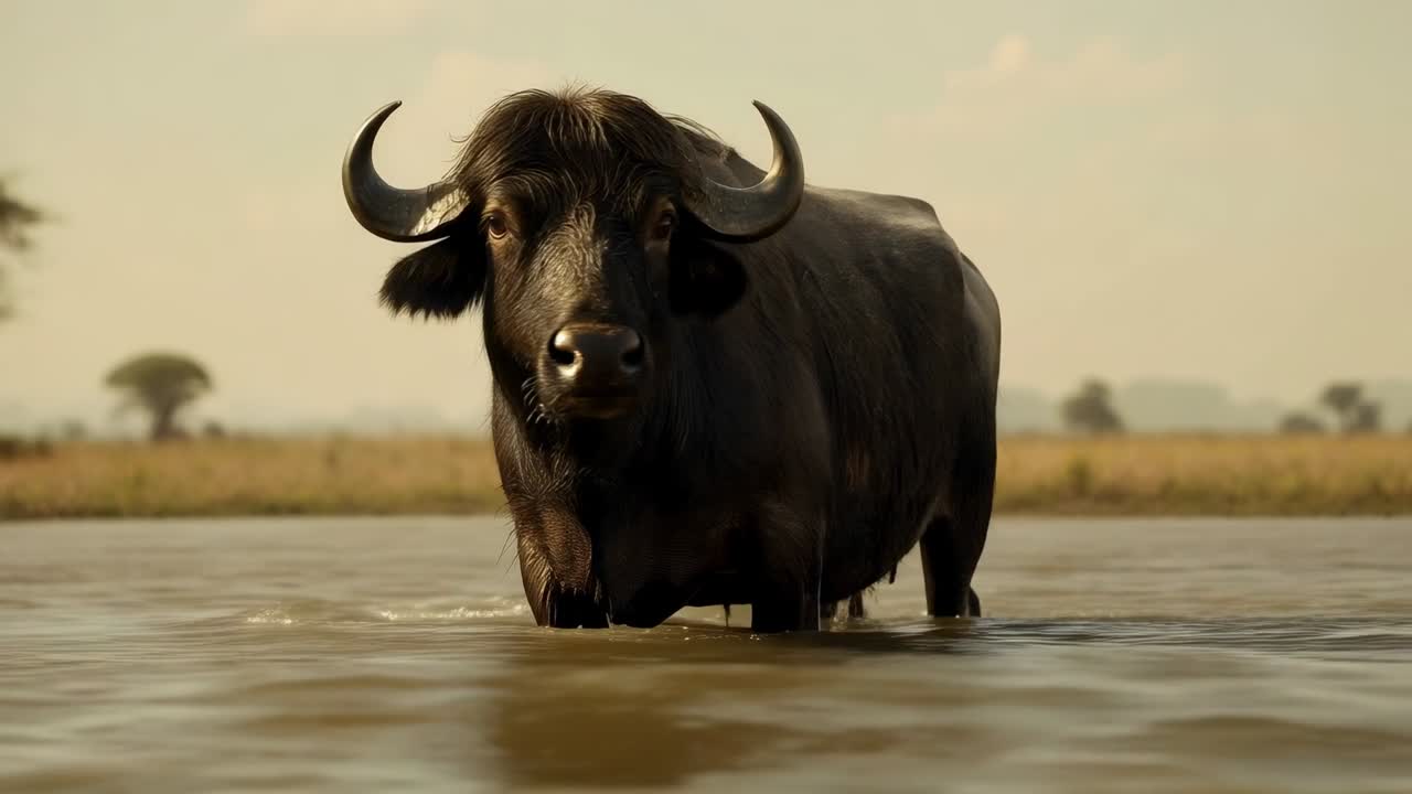 Bufalo del Capo adulto che guada sentendo l'acqua meno profonda e che si muove in avanti sul prato, con increspature