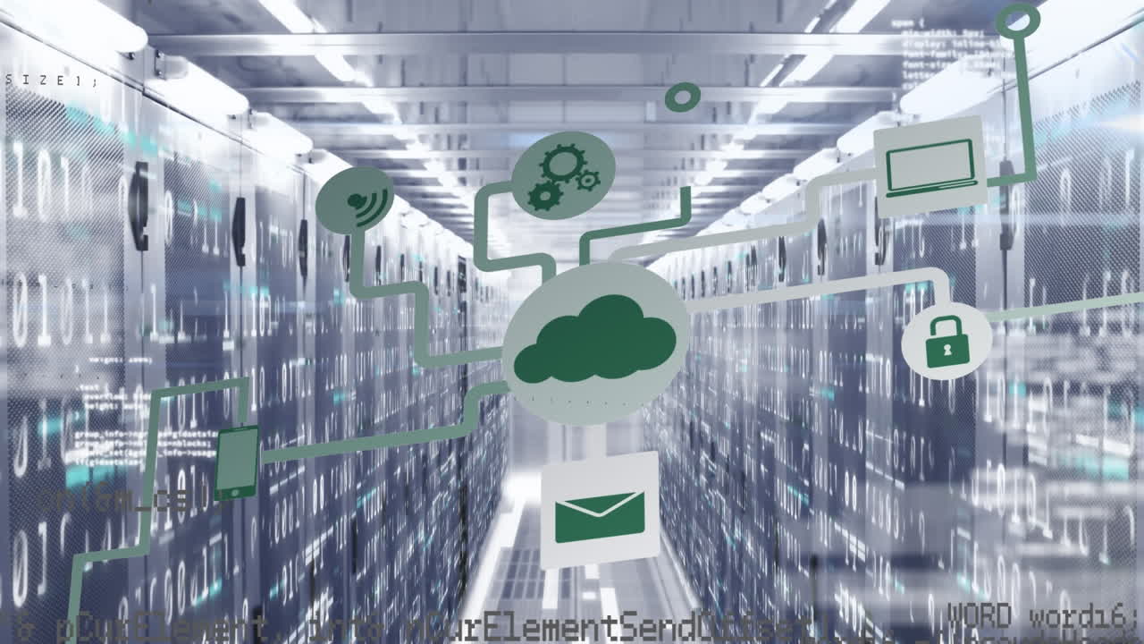 연결과 함께 클라우드 아이콘의 애니메이션, 컴퓨터 서버를 통해 데이터 처리