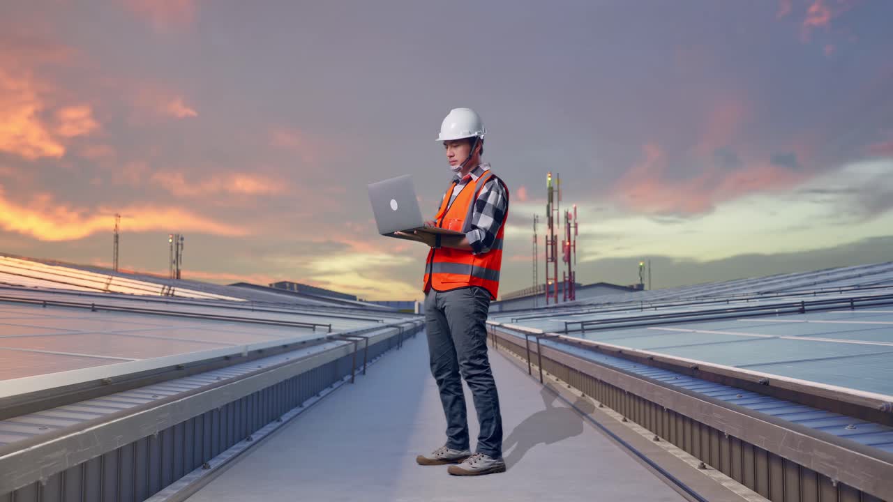 Helkropsbillede fra siden af en asiatisk mandlig ingeniør med sikkerhedshjelm, der arbejder på en bærbar computer og ser sig omkring, mens han står og inspicerer solpaneler på et tag.