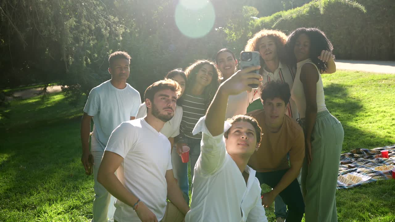 Group of friends taking a selfie in the park