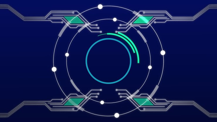 Scope with digital computer motherboard over rows of dots and blue circles