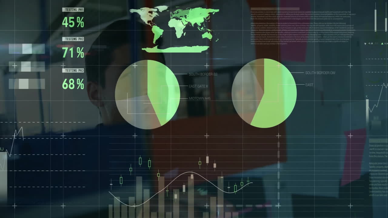 Data analytics and global statistics animation over office interior background