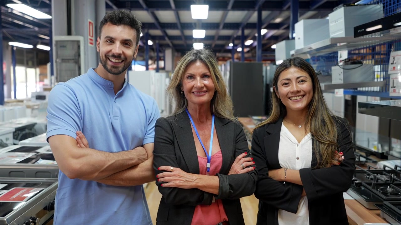 Team professionale a braccia incrociate in un magazzino di elettrodomestici
