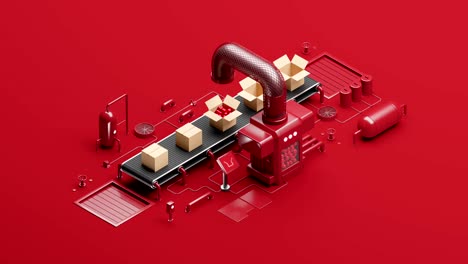 mechanical conveyor move boxes tomatoes on the red background from the metal pipe pours juicy vegetables. 3d seamless loop animation.