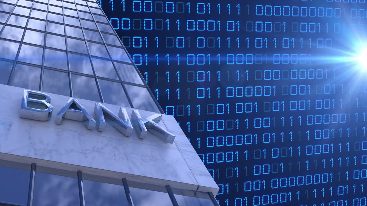 анимация двоичного кодирования, обработка финансовых данных над зданием банка