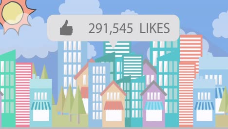 Speech-bubble-with-thumbs-up-icon-and-increasing-numbers-against-cityscape