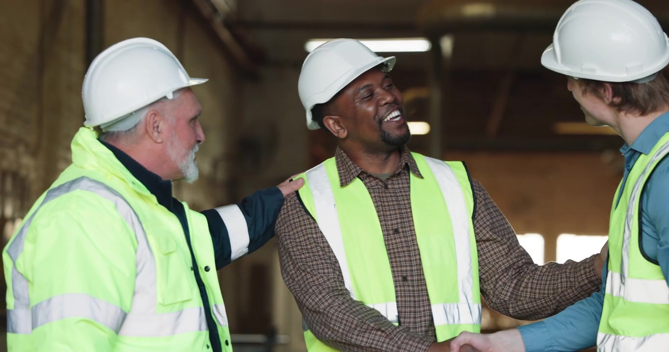 Diverse Team of Construction Workers Shaking Hands in Warehouse