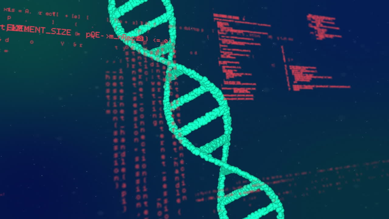 animación del procesamiento de datos sobre el hilado de cadenas de adn en 3d
