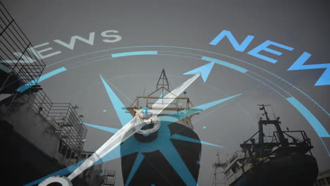 animation of compass with news text over shipyard