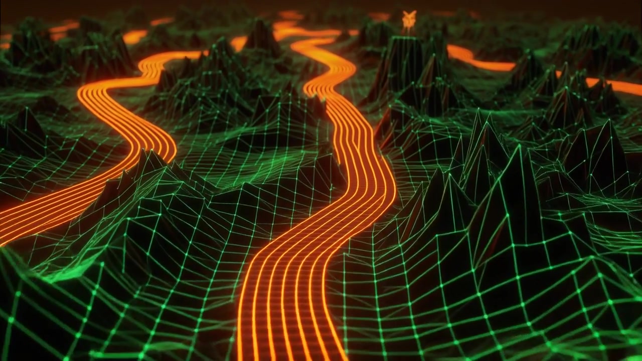 Abstract Digital Landscape with Glowing Orange Data Streams