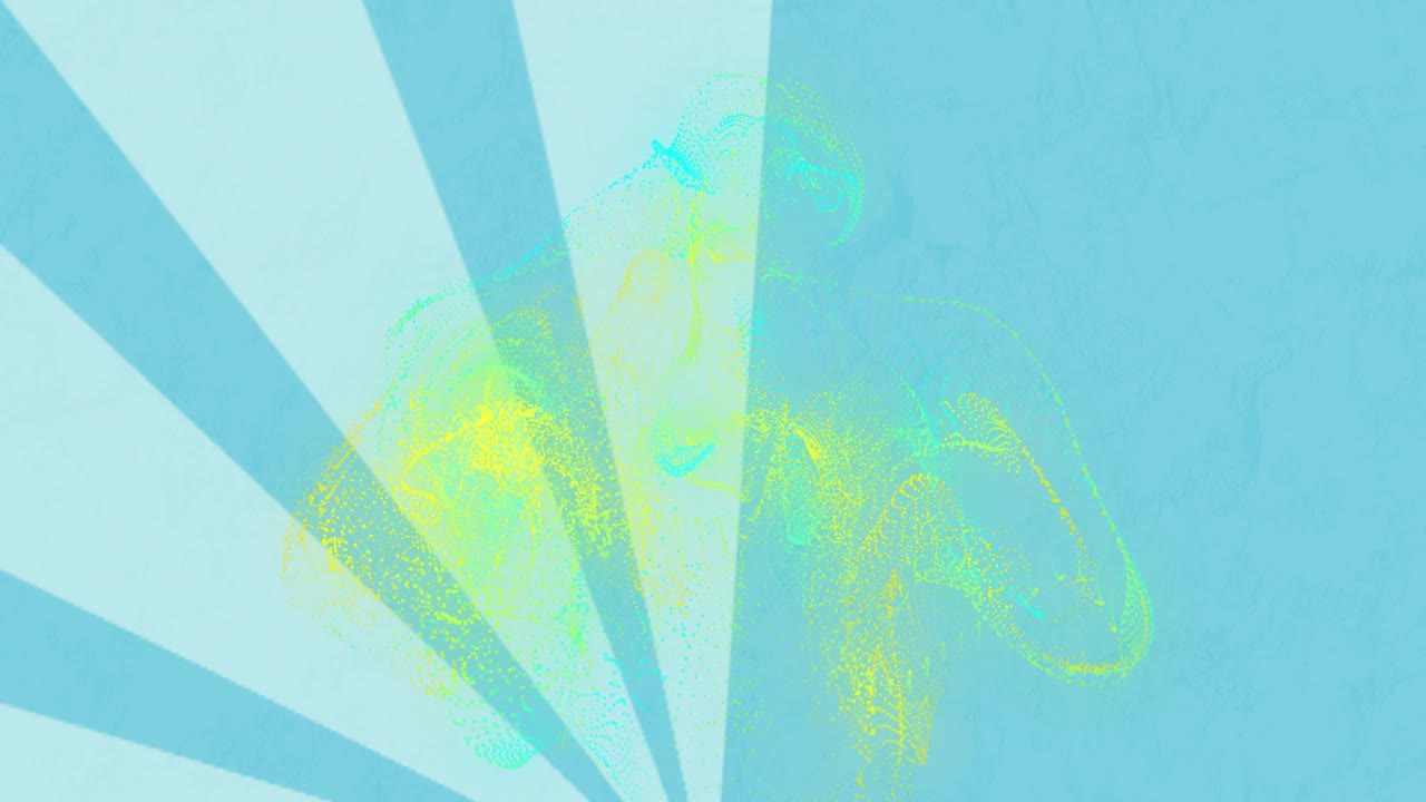 Frame four starting particle cloud rising, expanding, settling over cyan rays, serving reveal