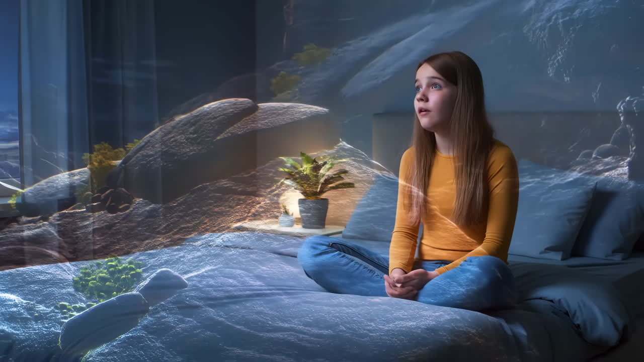 A young girl in a surreal bedroom transformed into a rocky landscape