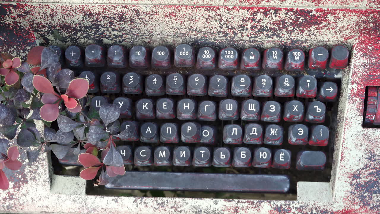 Rustic close up of an old cyrillic typewriter with plants growing near it