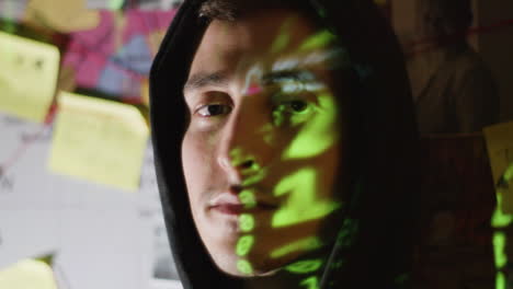 Young-male-hacker-in-hood-looking-at-camera-with-binary-code-reflection-on-his-face