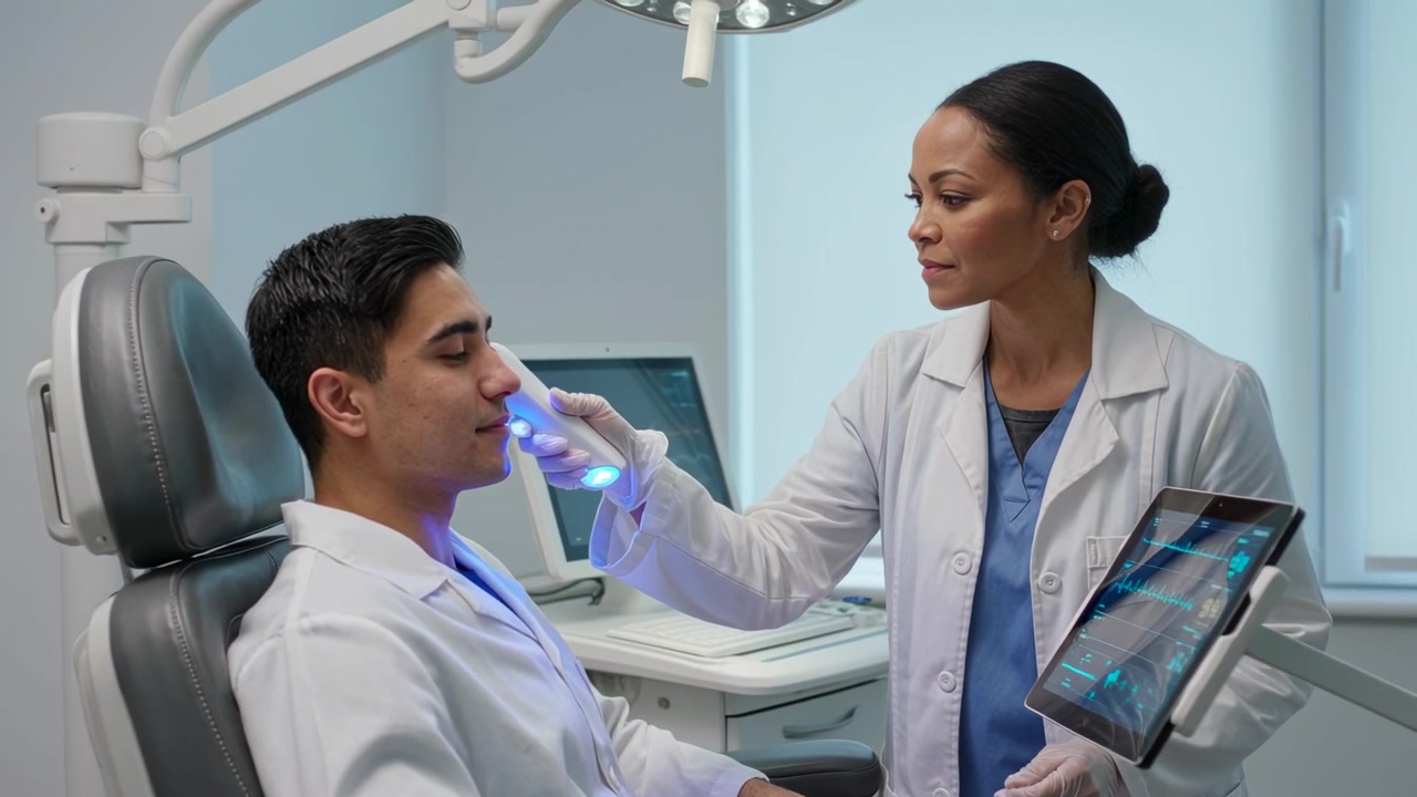 Dentista in camice che, con una bacchetta blu, scansiona il viso sulla poltrona, visualizza un tablet, quindi rimuove e aggancia.
