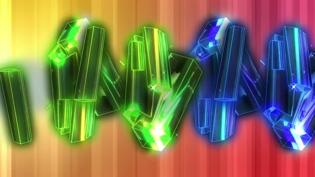 animación de diamantes verdes y azules que se mueven sobre un fondo colorido