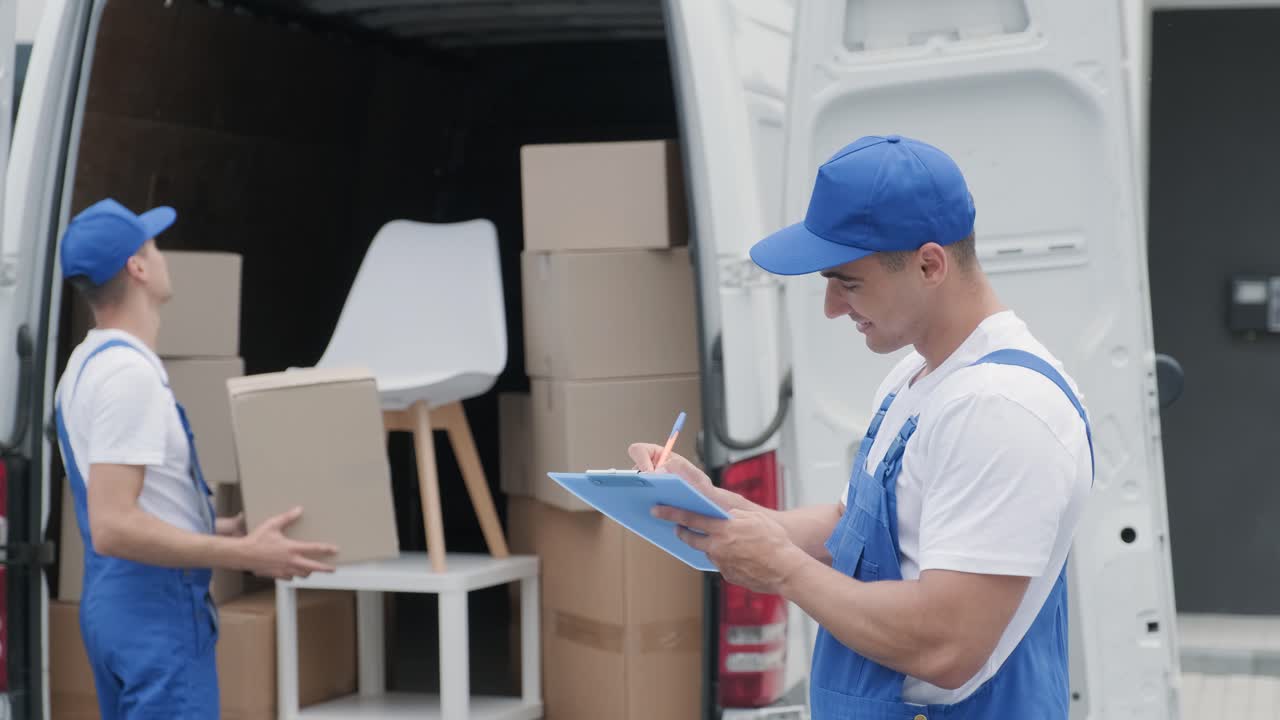 dos jóvenes trabajadores de una compañía de mudanzas están cargando cajas y muebles en un minibus