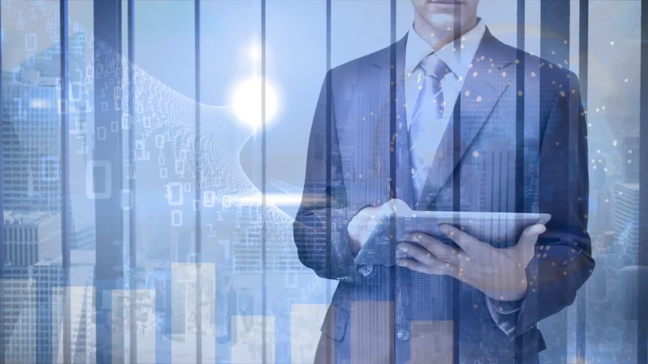 태블릿을 사용하는 코카시안 사업가에 대한 데이터 처리 애니메이션