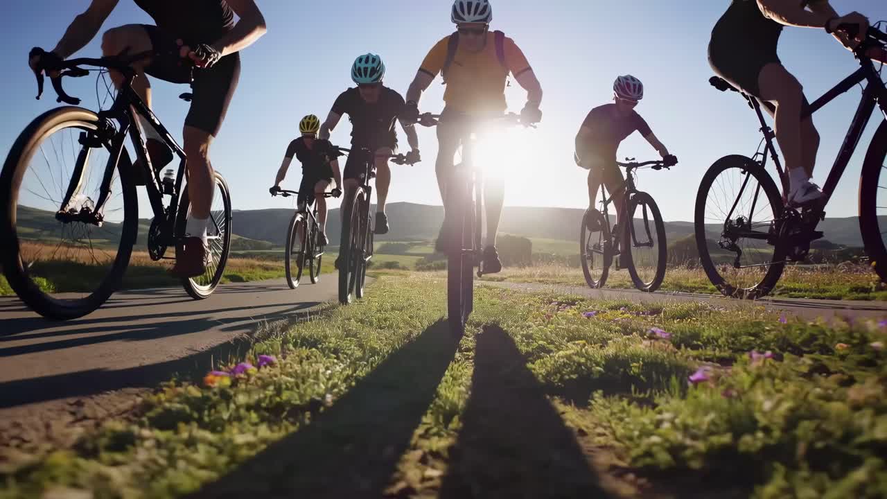 Low-angle video shot of cyclists riding on a scenic road, capturing dynamic motion and long shadows