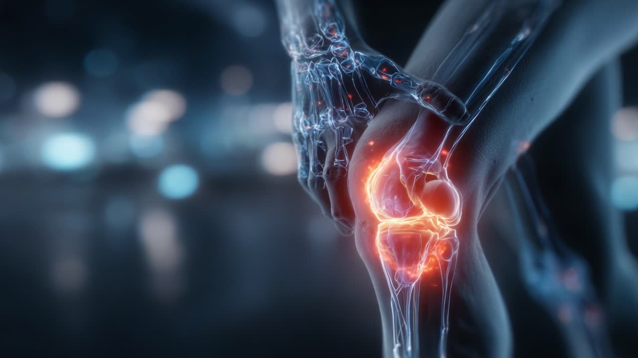 Anatomical Visualization of Knee Joint Pain with Highlighted Areas of Inflammation and Digital Skeletal Structure Depicted in a Futuristic Environment