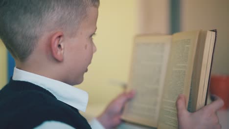 little kid reads book doing home task in light room