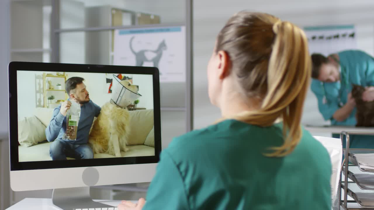 Veterinario che dà consigli sull'alimentazione degli animali domestici online