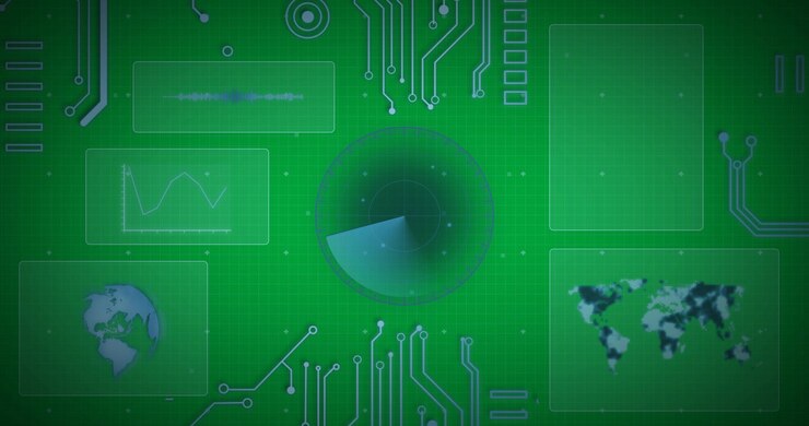Animation of scope scanning with world map, data processing and blue circuit board elements