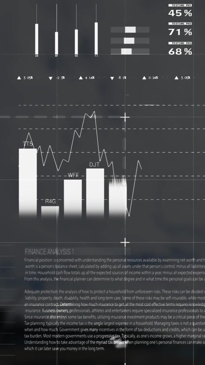 Animazione di un'interfaccia infografica di colore bianco su sfondo astratto.