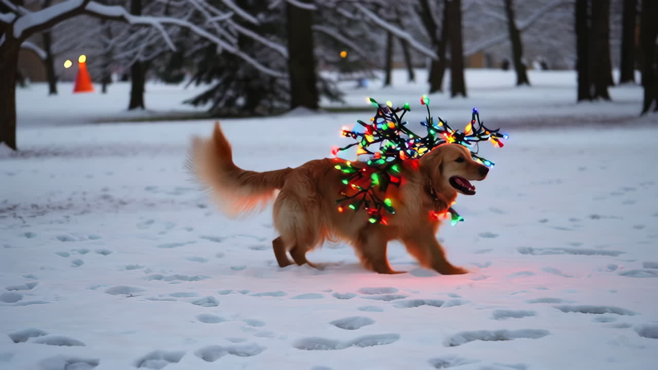 Golden Retriever with Christmas Lights in Snowy Park