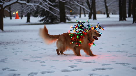 golden retriever with christmas lights in snowy park