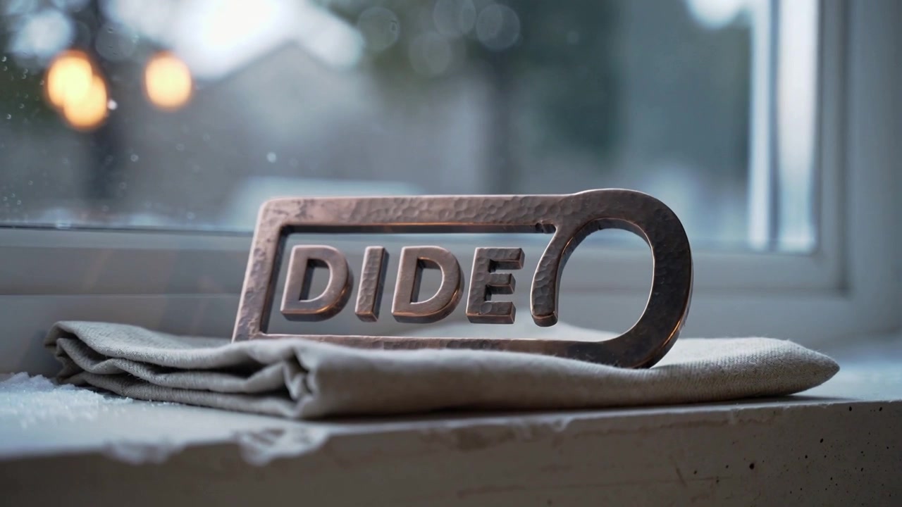Pushing camera bringing metal tag DIDE into focus on folded cloth on windowsill, to reveal texture