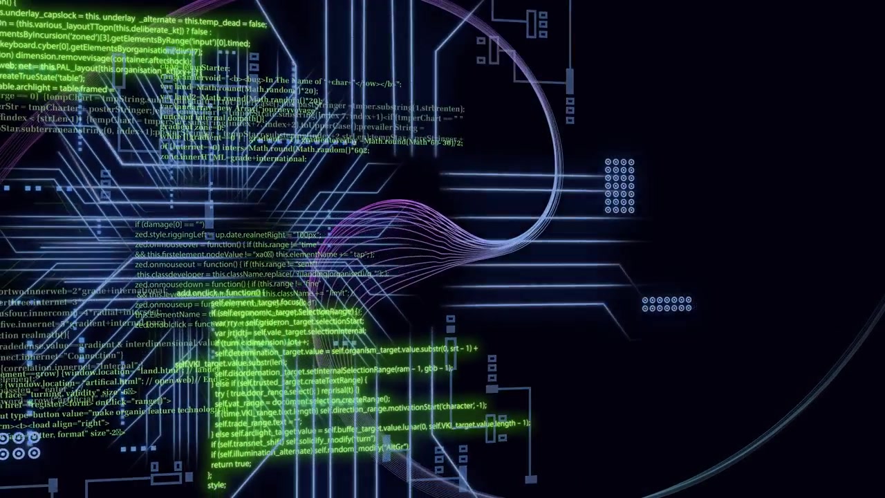 Cross appearing, circuitry growing and ribbon weaving, code pulsing to reveal digital interface
