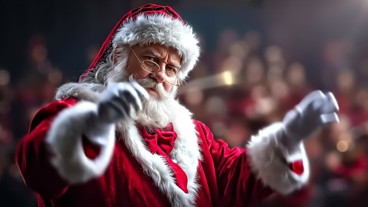 A man dressed as Santa Claus in front of a crowd of people