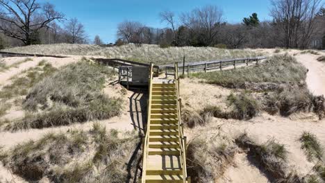 panning from the shore to the beach access system