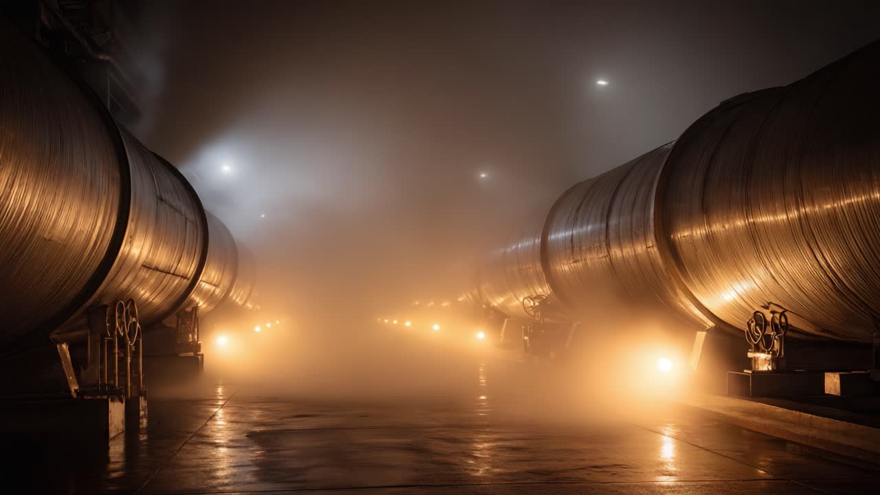 Mysterious Industrial Scene with Large Metal Pipes and Ambient Fog Lighting Creating an Atmospheric Effect in an Unknown Location