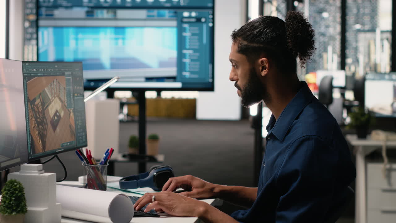 Vertical Video Middle eastern engineer finalizing interior design plans for a building