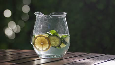 clear glass pitcher filled with refreshing water, lemon, cucumber slices, and mint leaves, sitting on a wooden table. sunlight creates a sparkling effect, enhancing the summer vibe