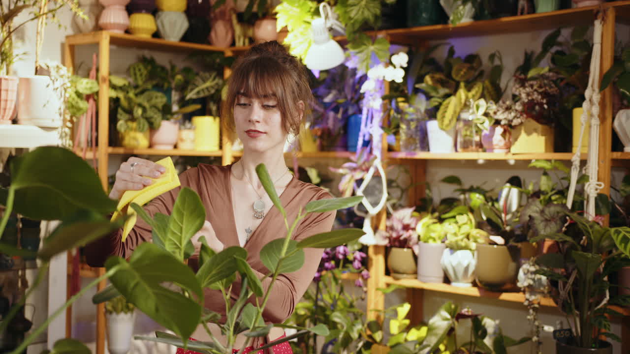 Mulher regando plantas em uma loja de plantas