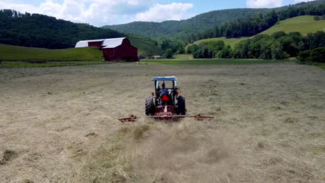 lady farmer rastrella il fieno a sugar grove nc, carolina del nord vicino a boone nc