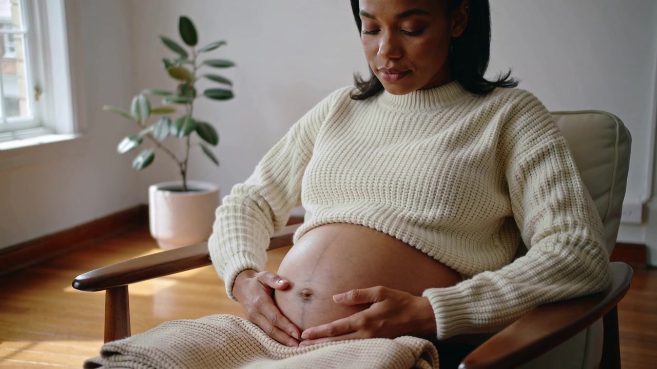 Starting hands on belly pregnant woman lowering sweater, smoothing belly, forming heart bonding