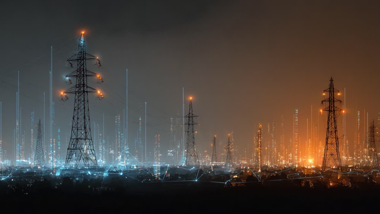 Un affascinante spettacolo di infrastruttura energetica: la trasformazione di torri elettriche illuminate di notte da vivaci giochi di luce.