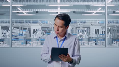 asian male professional worker standing with his tablet at factory digitalization, he is nodding his head with dissapionted