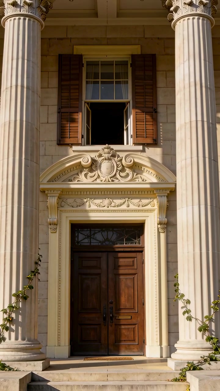 Vertical video: Pulling back camera revealing mansion entrance to show full height, with columns