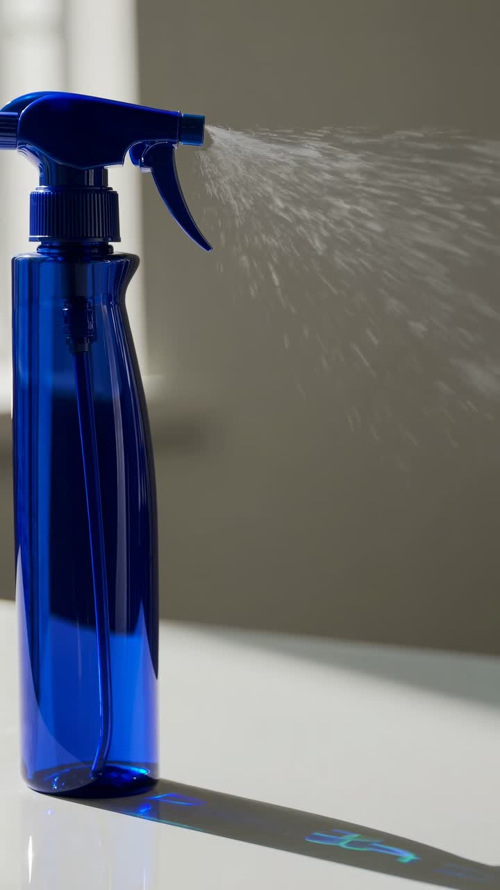Un'elegante bottiglia spray blu in un ambiente minimalista, ripresa dal basso.