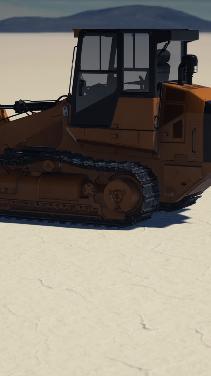 una gran excavadora amarilla se sienta en un camino de tierra en el desierto.