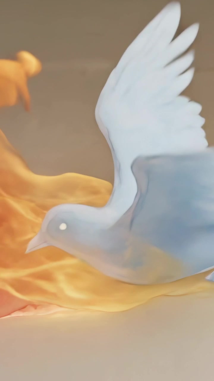 Video verticale: Uccello bianco che entra planando verso una fiamma arancione su un set beige, formando fumo, spazio per il testo.