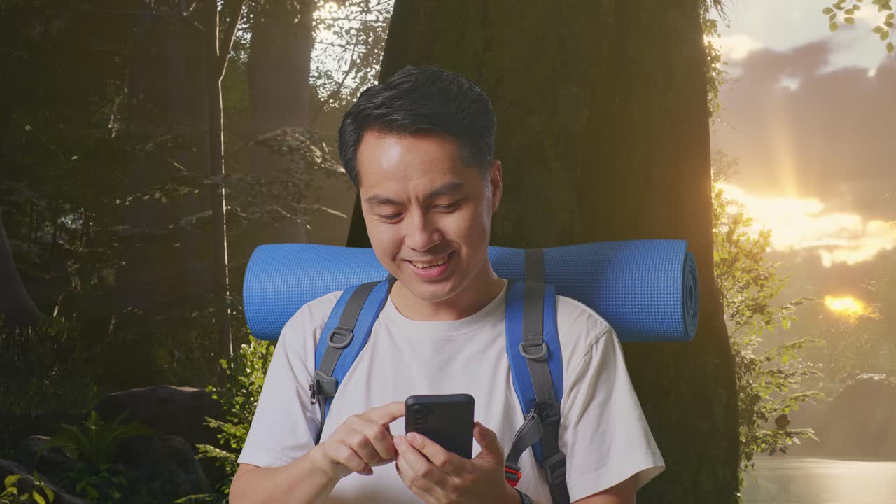 해가 지는 동안 숲에서 하이킹하는 동안 스마트폰을 사용하는 사람