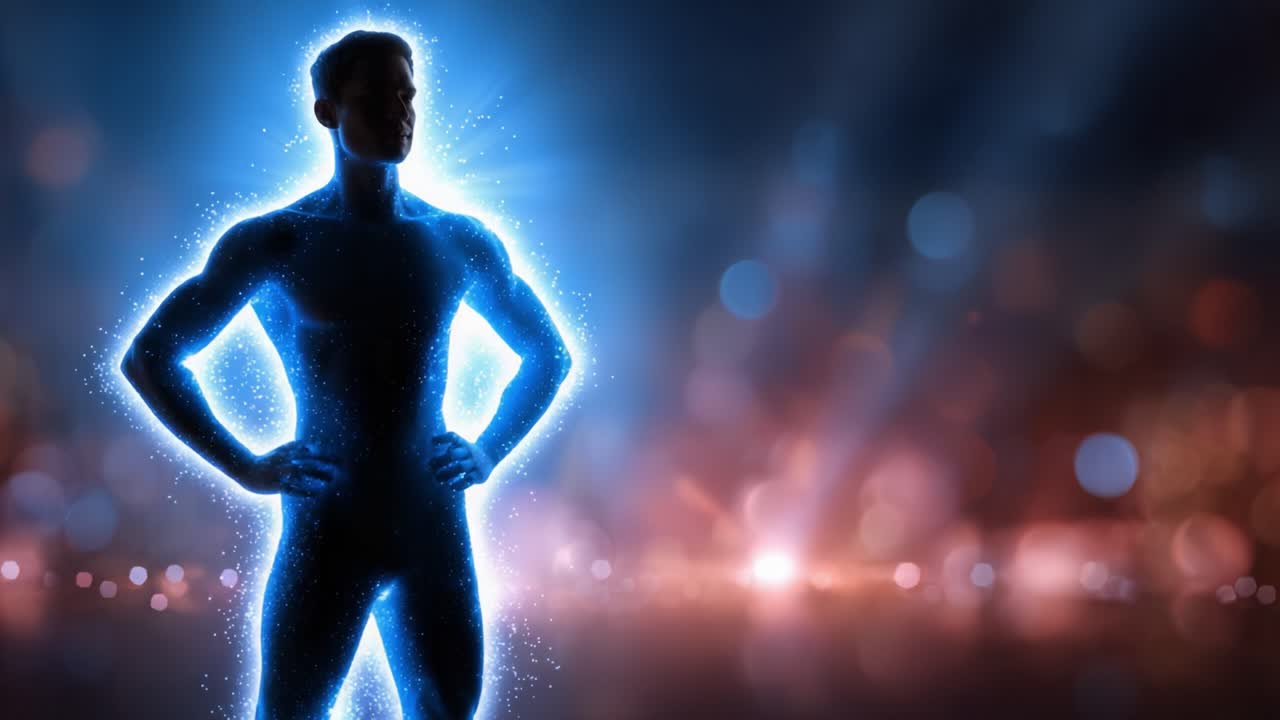 Una figura cósmica se alza con orgullo en el espacio, irradiando un aura de luz y energía, simbolizando fuerza y potencial en medio de un telón de fondo de colores vibrantes y estrellas.