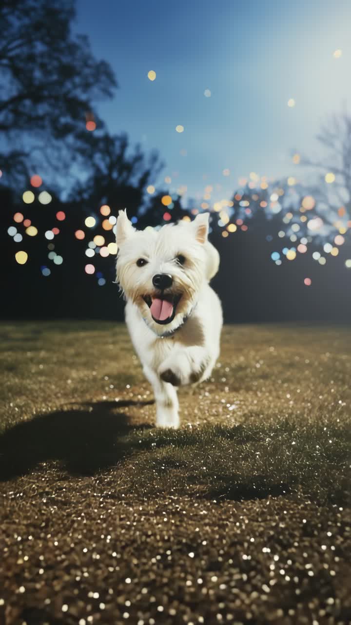 Neşeli bir köpek, alçak açıdan kameraya doğru koşuyor, arka planda bokeh efektiyle.